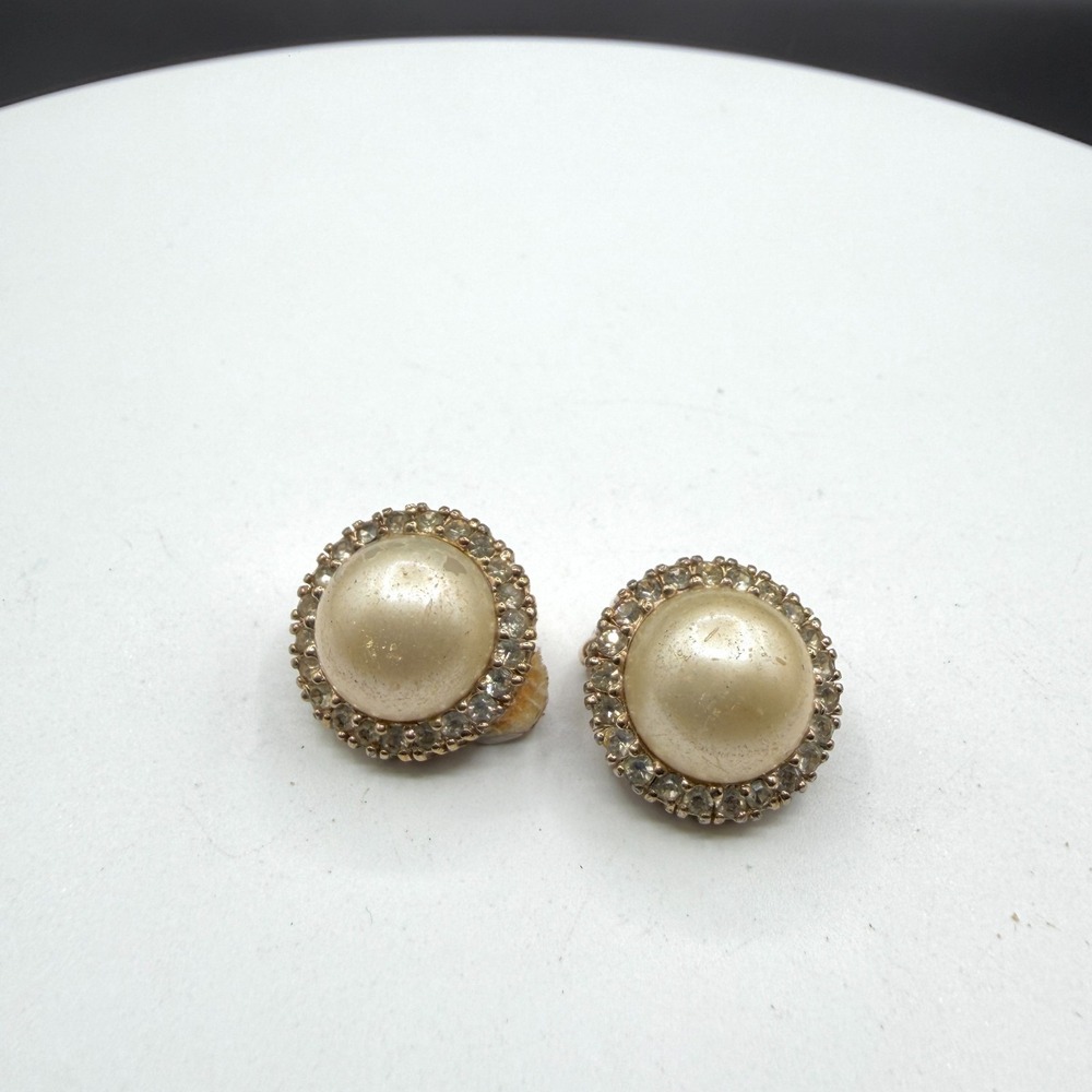 Panetta Vintage Faux Pearl Rhinestone Clip On Earrings Gold Tone Classic Glam